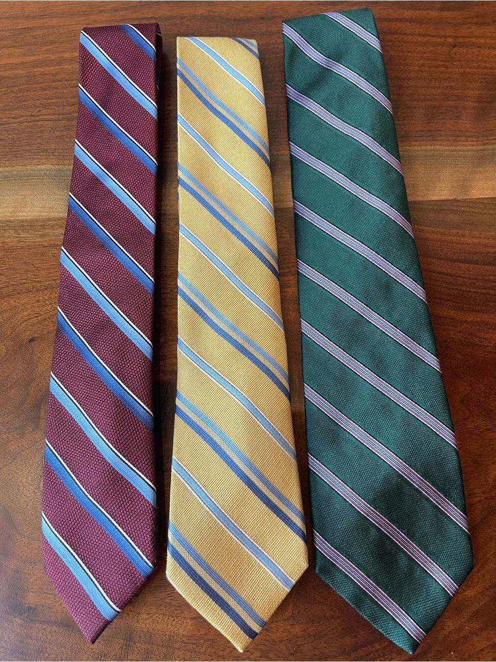 Striped Silk Neckties - Burgundy, Mustard, and Forest Green